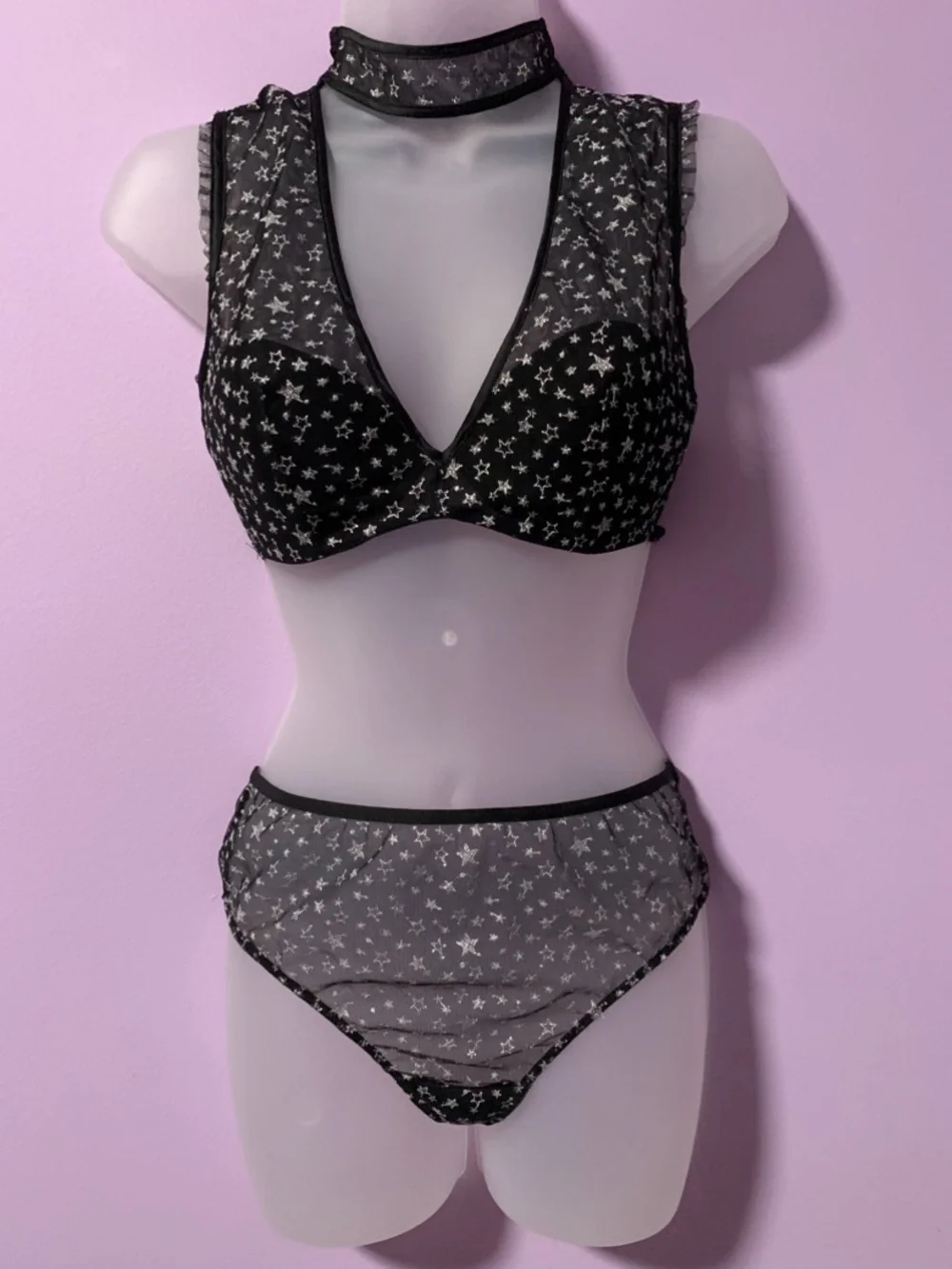 VS Black Sheer Star Mesh Bra & High-Waist panty Set